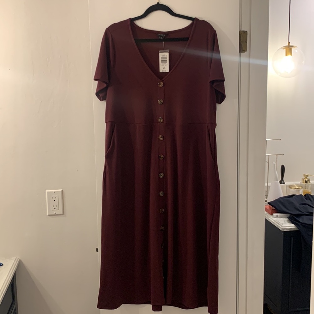 Torrid V-Neck Faux Button Front Ribbed Midi Dress with pockets - Picture 2 of 5